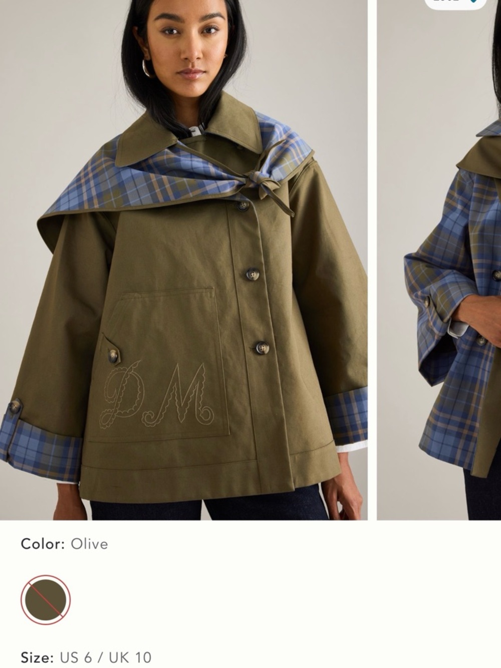Olive Plaid-Trim Trench Coat with Monogram Detail